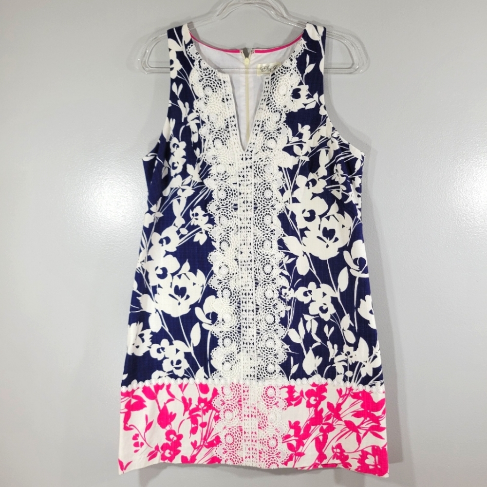 ELIZA J cotton retro floral colorblock embroidered sleeveless shift dress